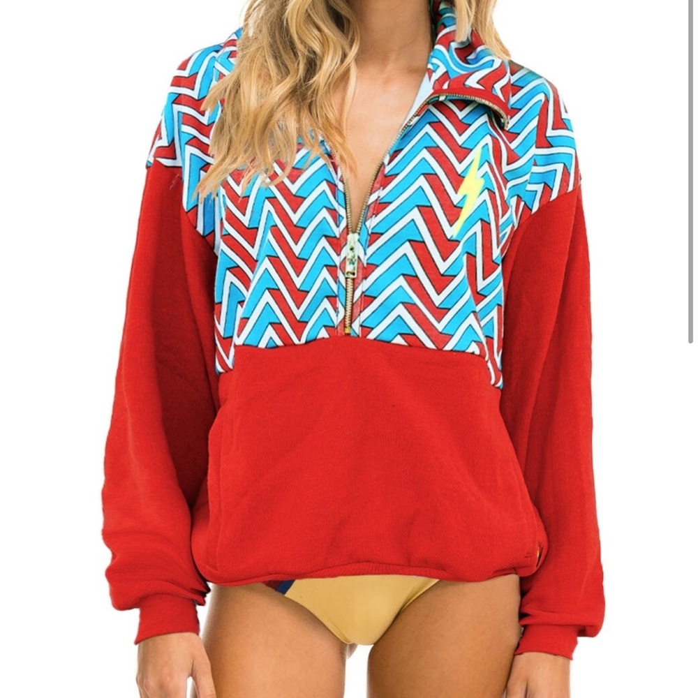 GEO ZIG BOLT EMBROIDERY FLEECE HALF ZIP SWEATSHIRT - RED/BLUE Size S